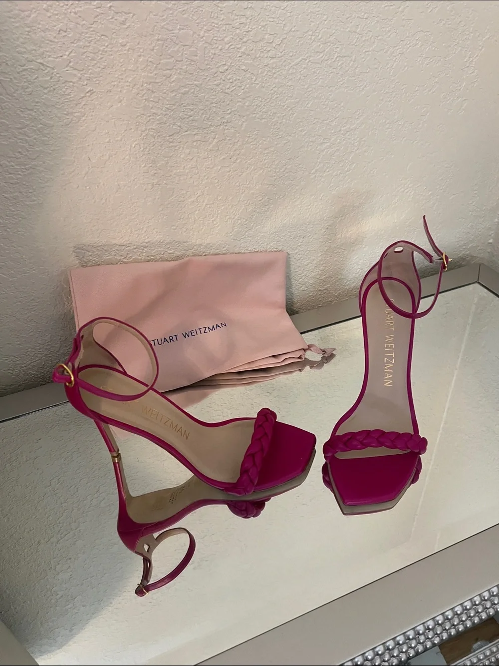 Stuart Weitzman Hot Pink Braided Strap Stiletto Sandals